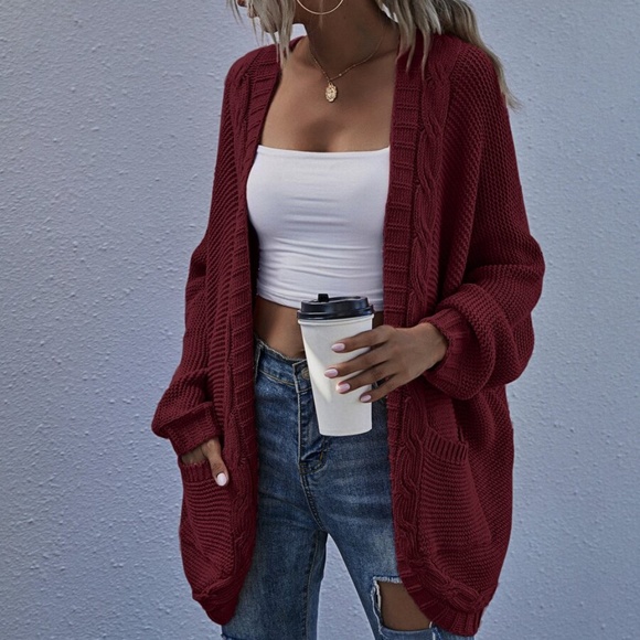 open front knit pocket batwing sleeve cardigan - Picture 6 of 12